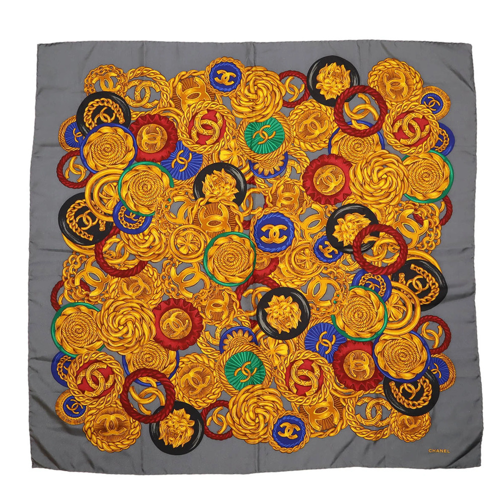 CHANEL Coco Mark Chain Button Scarf/Muffler/Shawl, Large Size, 100% Silk, Gra...